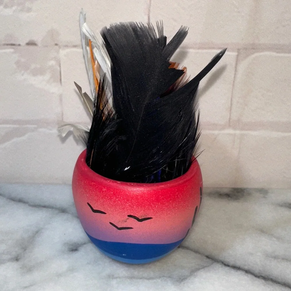 Hand Painted Desert Sunset Terracotta Seed Pot with Feathers Saguaro Cactus Art